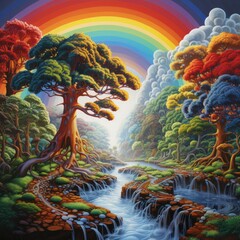 Obraz premium Vibrant fantasy landscape with rainbow, waterfalls, and lush vegetation