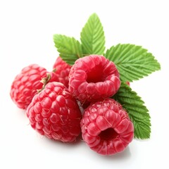 a group of raspberries with leaves on a white background