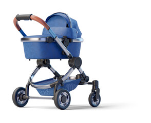 Blue leather closed baby stroller on transparent background. 3D render front right view