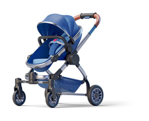 Blue leather jogging baby stroller on transparent background. 3D render front right view