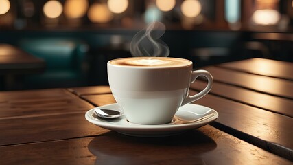 Obraz premium a cup of hot coffee on the table in a classic cafe 