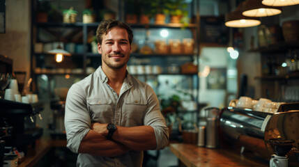 Fototapeta premium A man is standing in a coffee shop with a smile on his face. He is wearing a white shirt and a black watch. The coffee shop is filled with various items such as cups, bowls, and potted plants