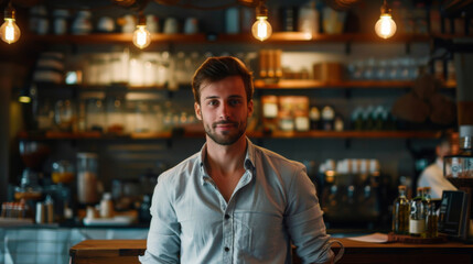 A man is standing in a coffee shop with a smile on his face. He is wearing a white shirt and a black watch. The coffee shop is filled with various items such as cups, bowls, and potted plants - Powered by Adobe