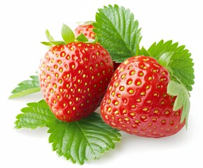 strawberries with green leaves on a white background