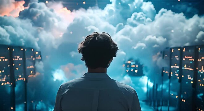 A businessman activates secure cloud storage service in a network operations center. Concept Cloud Storage, Network Security, Business Technology, Data Protection, Network Operations Center