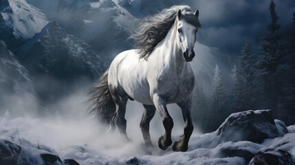 Majestic white horse galloping through snowy landscape