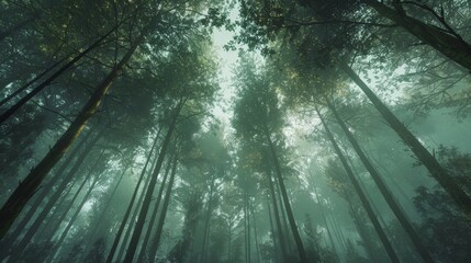 The image depicts a dense forest filled with numerous tall trees reaching skyward. The forest is rich with green foliage and the trees are closely packed together, creating a majestic and awe