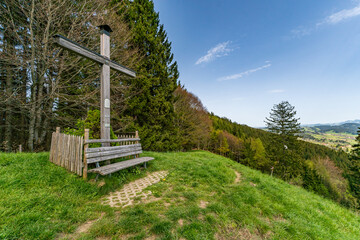 Spring hike to the Alttrauchburg castle ruins via the Sonneckgrat in the Allgau - obrazy, fototapety, plakaty