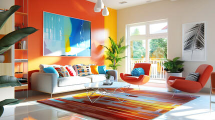 A bright and cheerful living room with a mix of bold colors and sleek lines, featuring simple, modern furniture and plenty of copy space.