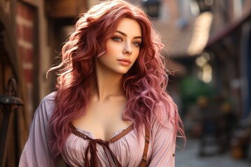 Captivating woman with vibrant pink curly hair