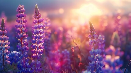  purple flowers in a field at sunset.