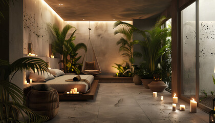 Interior of light spa salon with couch, burning candles and palm trees