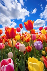 Vibrant tulips blooming under a cloudy sky