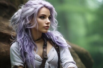 Naklejka premium Stylish woman with vibrant purple hair in natural setting