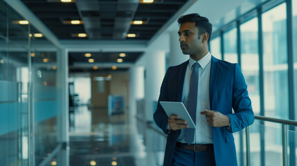 
Confident Indian business man leader looking aside walking in office. Busy professional businessman going in hallway holding digital tablet thinking of work plan using tab computer. Authentic photo