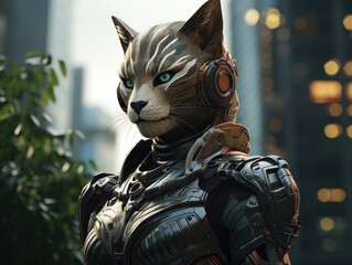 Futuristic cyborg cat with glowing eyes and robotic armor