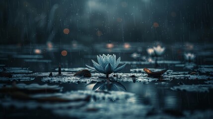   A water lily floats atop a rain-soaked forest pond, surrounded by numerous leaves