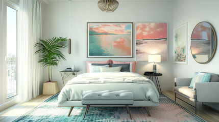 A bright and airy bedroom with a palette of soft pastels and pops of vibrant color, accented by...