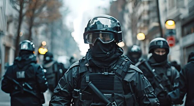 Police in riot gear respond to protest with law enforcement presence. Concept Protest Response, Police in Riot Gear, Law Enforcement Presence, Civil Unrest, Public Safety