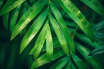 Green palm leaf macro, textured tropical leaves background.