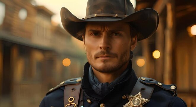 Sheriff in western town street wearing uniform background wooden houses like movie. Concept Western Theme, Sheriff Uniform, Wooden Houses, Movie Set, Street Scene