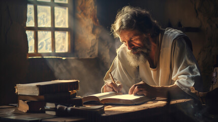 Fototapeta na wymiar John writing in a rustic, ancient scriptorium, deep in thought, reflecting his role as a Gospel author and visionary, apostles of Jesus Christ, natural light, soft shadows, blurred