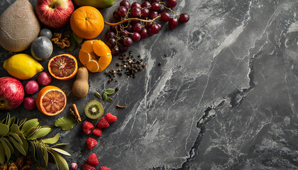 Assorted Fresh Fruits on Elegant Marble Background