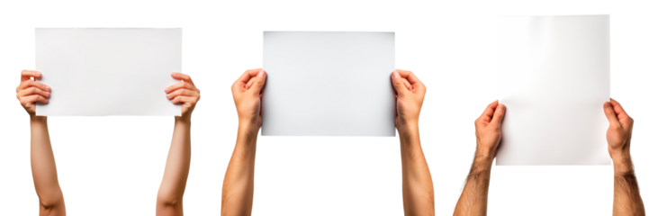 Set of papers in hands on a white or transparent background. Close-up of a man holding a white sheets of paper. Mockup. Protest. Creative process. Development.