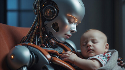 A robot nanny, an android with artificial intelligence, carefully holds a baby in her arms, the concept of social issues related to AI.