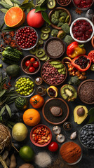 Assorted Organic Superfoods Selection on a Dark Background
