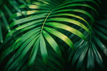 Obraz premium Green palm leaf macro, textured tropical leaves background.