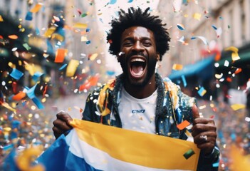 'Victory Man Flag confetti Black Euphoric Celebrating Street Club Team's celebration team party succeed success african american joy elation happy triumph sp'