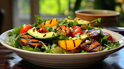 A healthy salad with roasted sweet potatoes, mixed greens, and a variety of colorful vegetables, topped with a citrus vinaigrette.