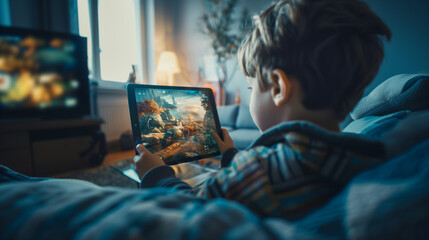 A student navigating a historical adventure game, with the tablet displaying a vivid scene from ancient history, engaging them in the learning material, Education, Gamification of