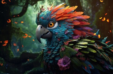 Vibrant parrot in tropical forest