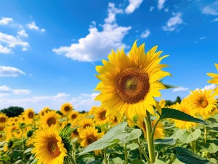 Obraz premium Vibrant sunflower field under blue sky