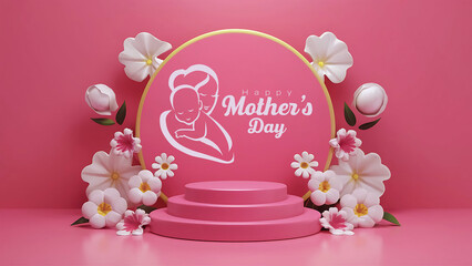3D illustration of Happy Mother’s Day Display background with flower decoration and podium