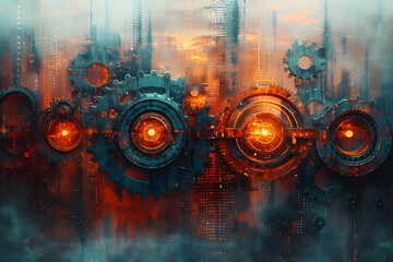 Gearbox Dreams: A Futuristic Landscape in Blue, Orange, and Silver