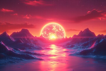 Bright orange sun is in the sky above a mountain range and a body of water. The scene is peaceful and serene - Powered by Adobe