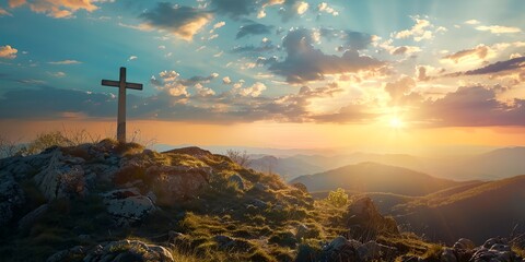 a cross on a hill with a sunset in the background and clouds in the sky above it, with a sunbeam in the distance