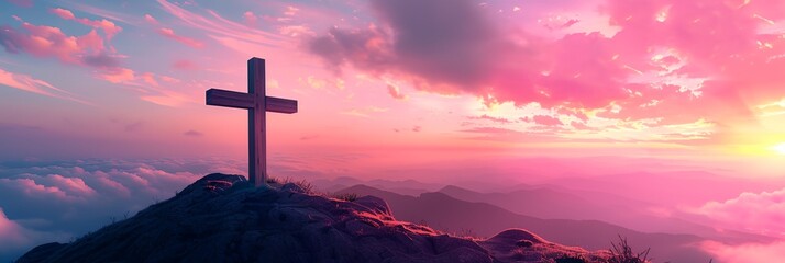 a cross on a hill with a sunset in the background and clouds in the sky above it - Powered by Adobe