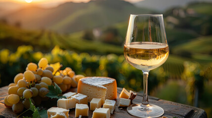 On an old table, in a beautiful glass of white wine, there are pieces of cheese, with a vineyard in...