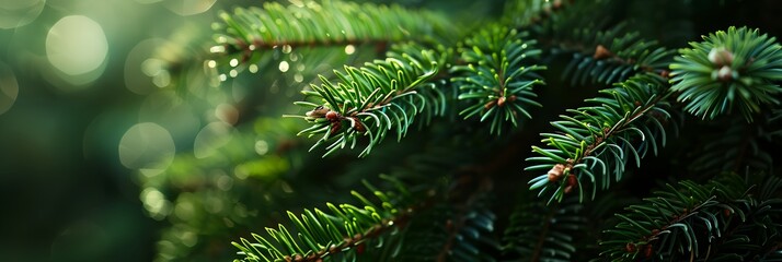 a close up of a pine tree branch with drops of water on it's needles