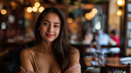 A young Latina woman is sitting in a restaurant. A beautiful woman is relaxing in an establishment. Concept of date, fun.