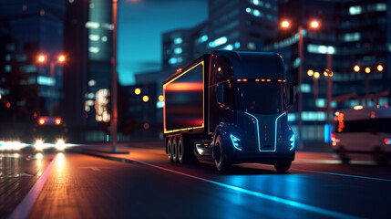 The truck at night, illuminated only by its own LED headlights, testing its night-time driving capabilities and sensor effectiveness, Transport, Electric and autonomous vehicles, n