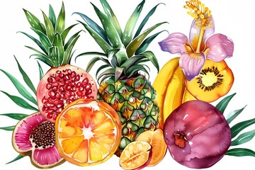 watercolor painting of a tropical scene with flowers and fruits on a white background