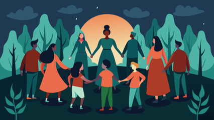 In a secluded clearing a circle of individuals joined hands and chanted in unison paying homage to their forefathers and foremothers.. Vector illustration - obrazy, fototapety, plakaty