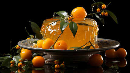 A kumquat placed on a decorative plate, with a few kumquat leaves nearby, and a drizzle of honey on top, in a luxurious setting.
