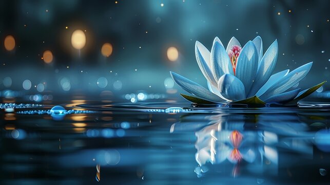   A blue water lily floats atop tranquil waters, surrounded by numerous background lights
