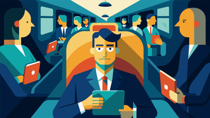 A businessman on a crowded train his neural implant helping him send important emails and messages without pulling out his phone..